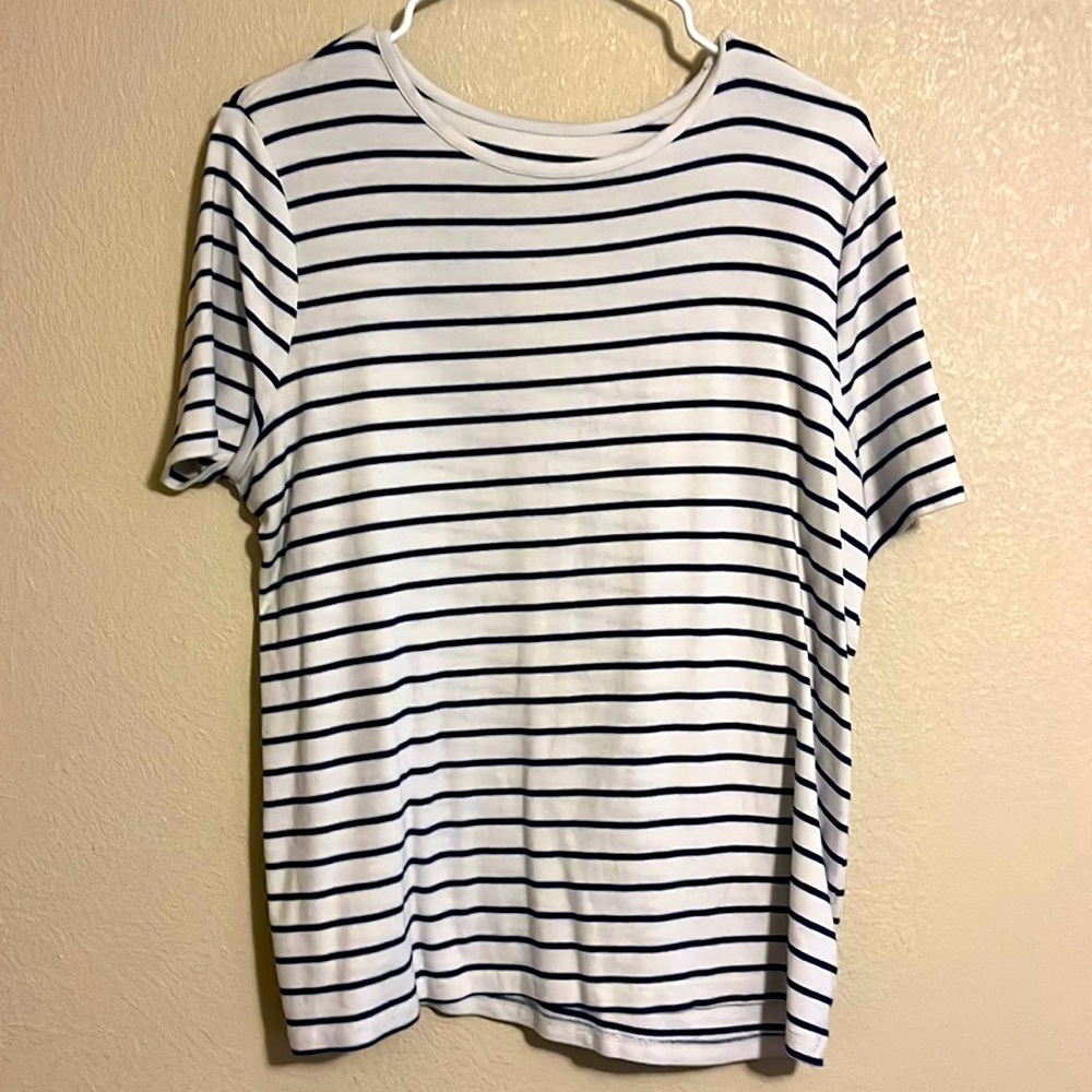 Women’s tee. Blue and white stripes.